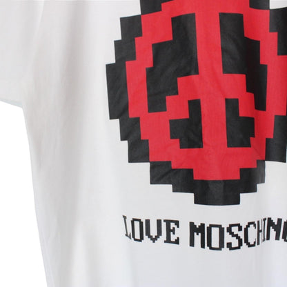 Moschino white pocket t-shirt with digital peace print and faint back stain.