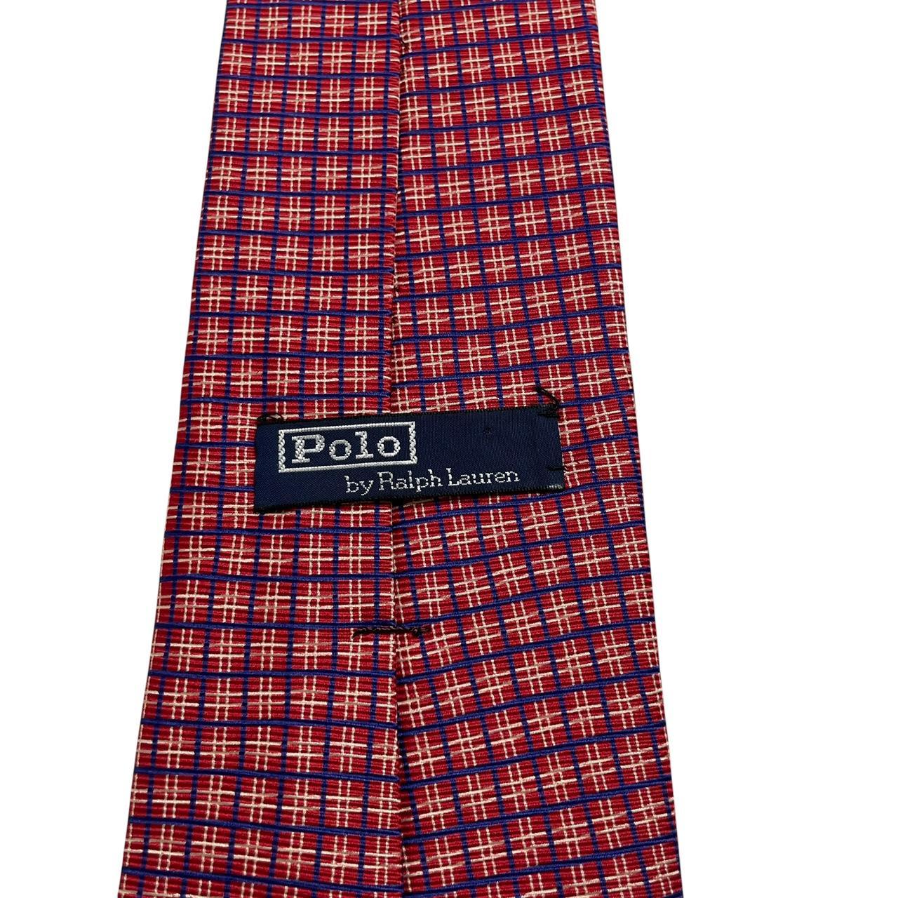 Polo Ralph Lauren red check silk tie with classic pattern and logo detail.
