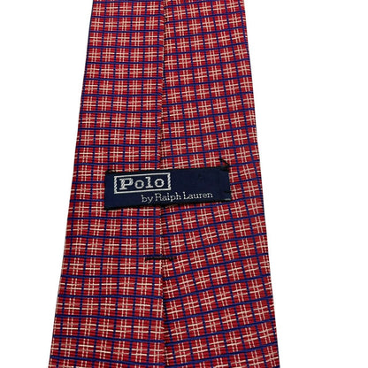 Polo Ralph Lauren red check silk tie with classic pattern and logo detail.