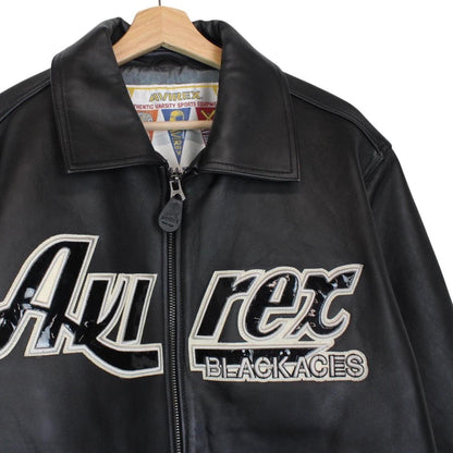 Avirex black leather jacket with Tuskegee Aces logo and full zip design.