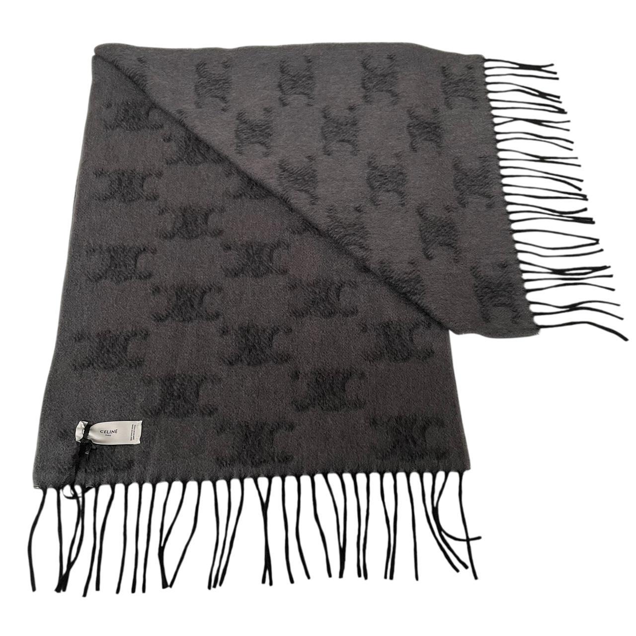 Celine Grey and Black Triomphe Fringed Monogram Cashmere Wool Scarf