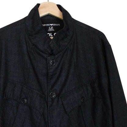 CP Company navy blue jacket garment dyed wool with logo details and gum finish.