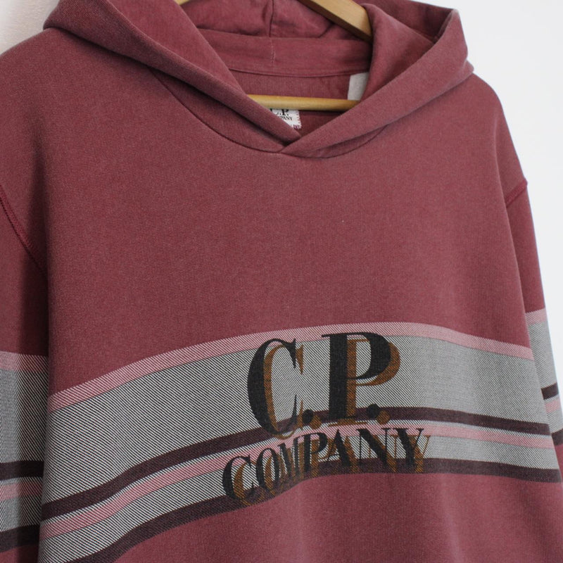 CP Company Burgundy Cotton Logo Stripe Hoodie Jumper