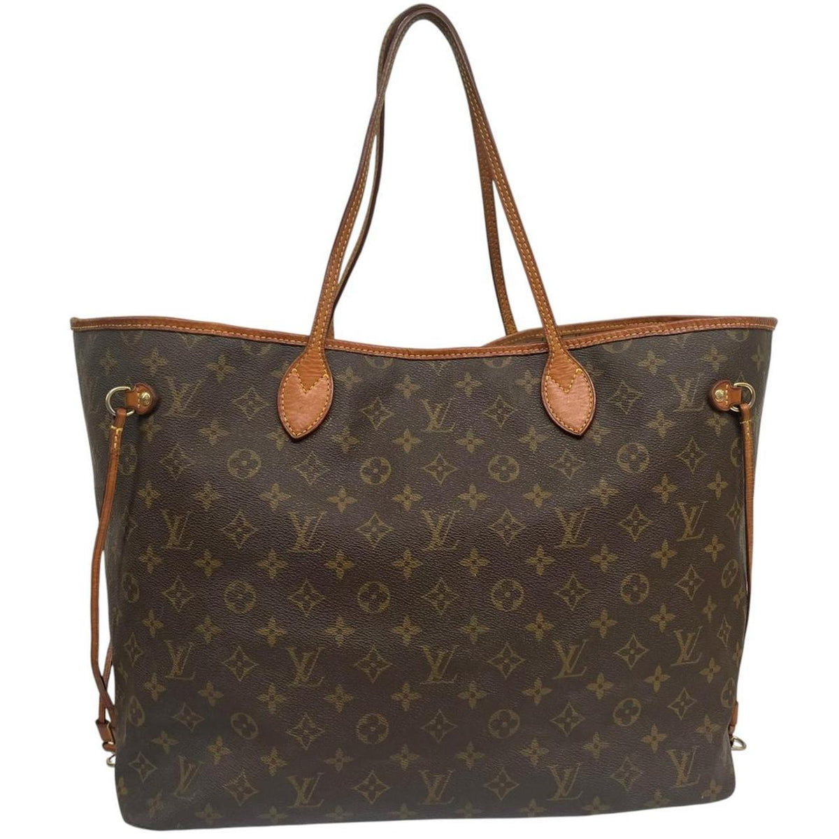 Louis Vuitton brown tote bag with monogram canvas and leather accents, pre-loved condition.
