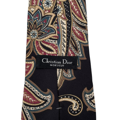 Vintage Christian Dior Black Paisley Print Silk Tie