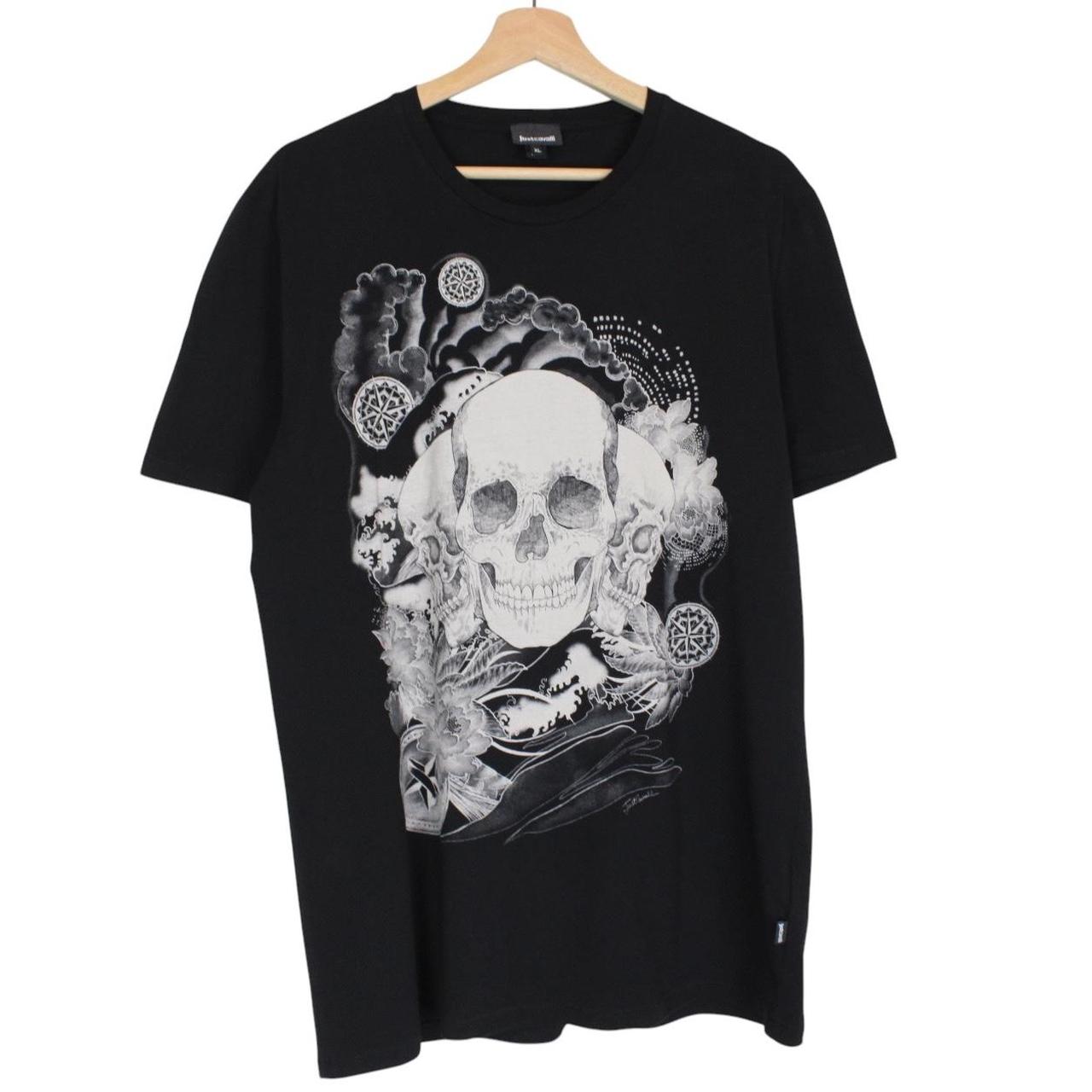 Just Cavalli black pocket t-shirt featuring skull print design and soft cotton material.