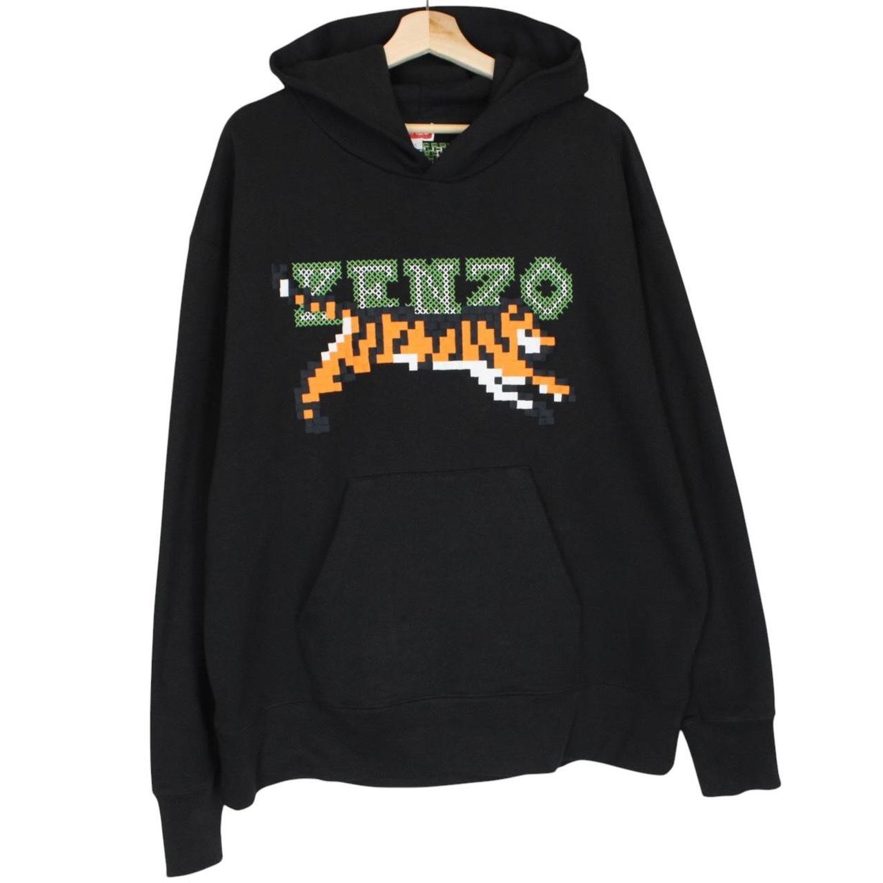 Kenzo black hoodie featuring digital tiger design and cotton material.