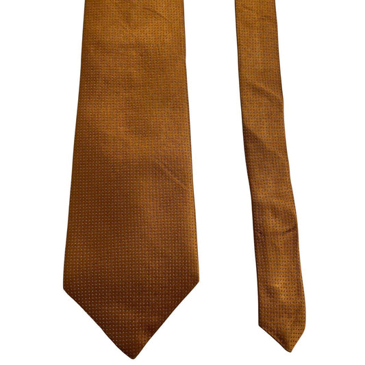 DKNY vintage silk tie in mustard brown with subtle sheen and classic design.