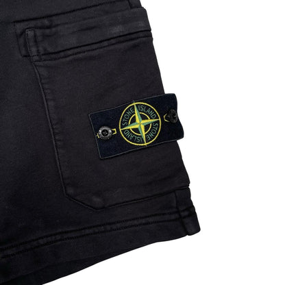 Stone Island black jogger shorts featuring iconic compass logo and soft cotton material.