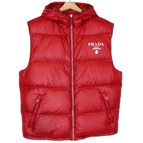 Prada Red Logo Print Down Nylon Hooded Gilet / Bodywarmer