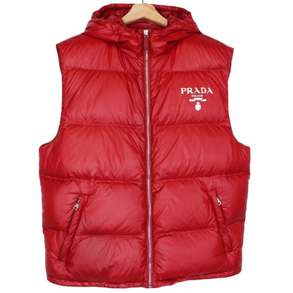 Prada Red Logo Print Down Nylon Hooded Gilet / Bodywarmer