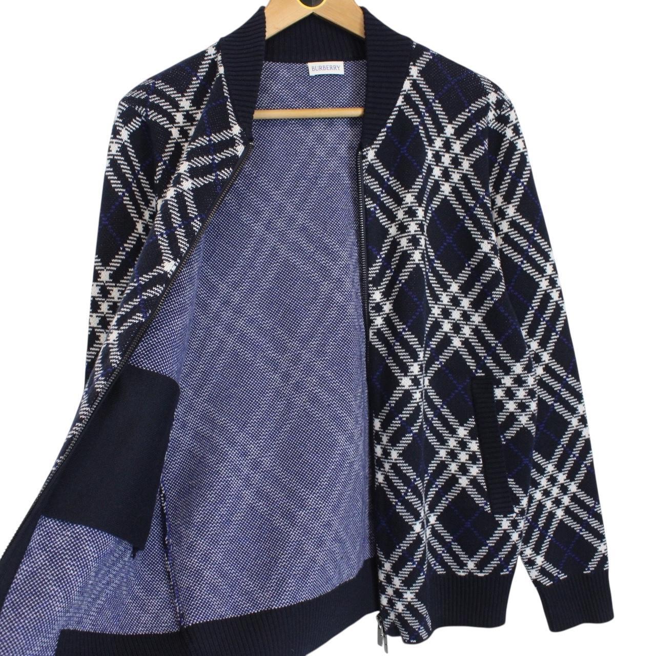 Burberry Navy Blue and White Wool Blend Knit Full Zip Jumper