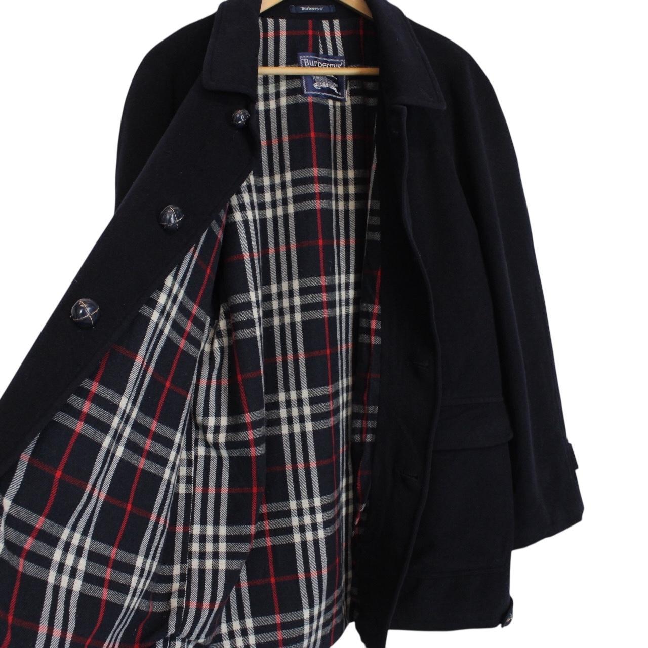 Vintage 90s Burberry Navy Blue Nova Check Lined Virgin Wool Coat