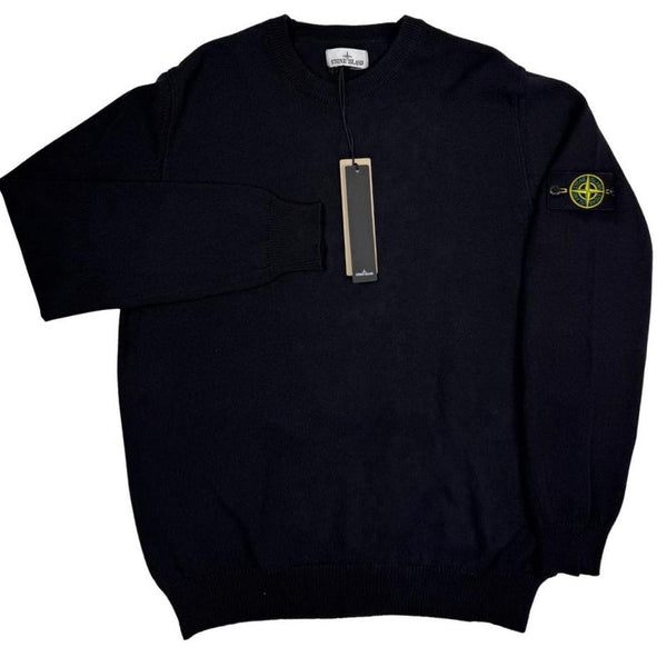 Stone Island black knit jumper with logo patch and organic cotton material.
