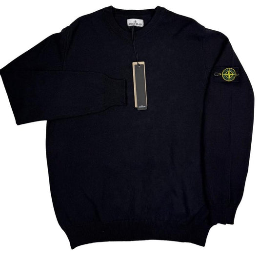 Stone Island black knit jumper with logo patch and organic cotton material.