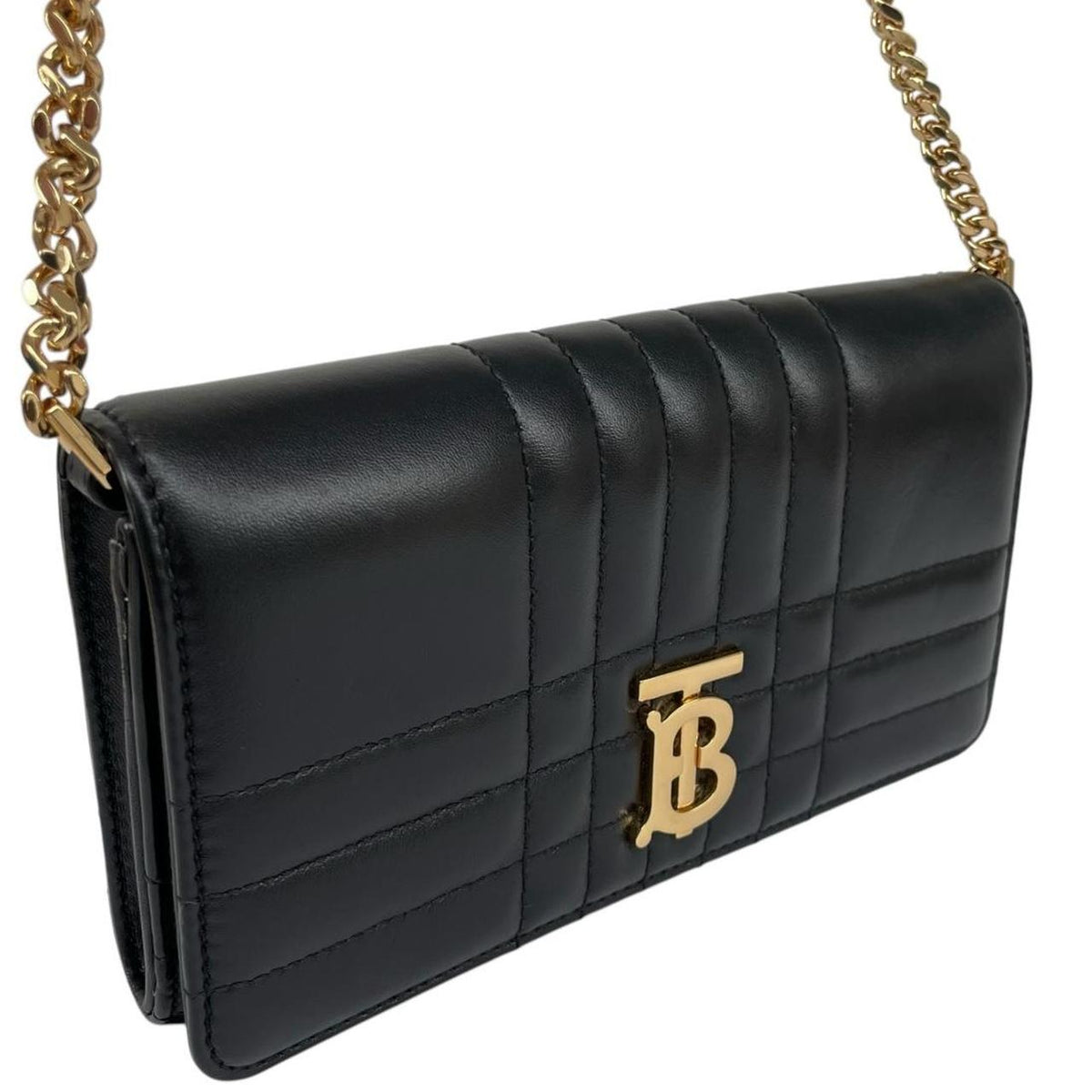 Burberry black and gold quilted leather small Lola shoulder bag with logo detail.