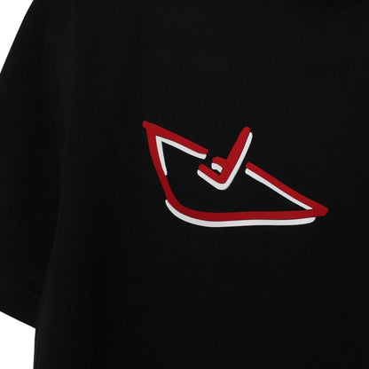 Fendi black cotton t-shirt with red Bag Bug eyes graphic and pocket detail.