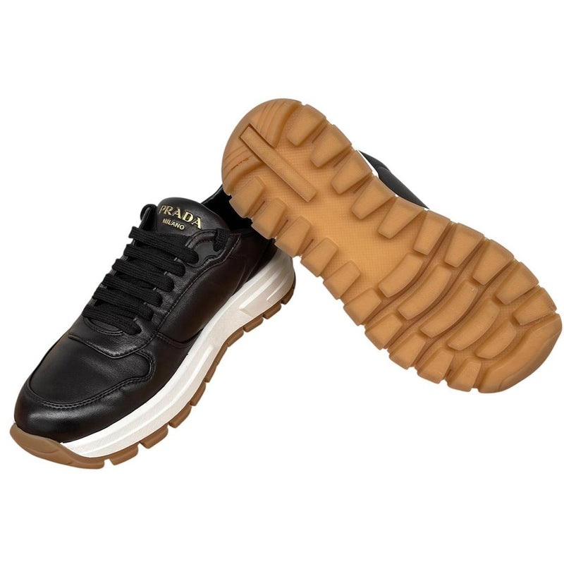 Prada Black and White Triangle Logo Leather Trainers