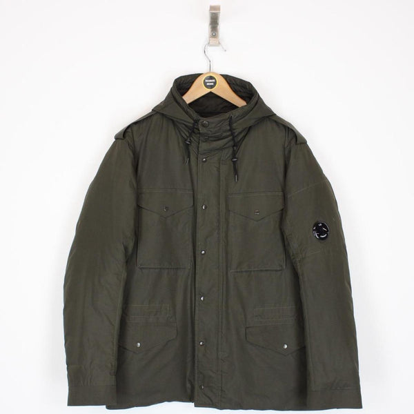 CP Company Khaki Green Micro-M Full Zip Lens Hooded Down Jacket