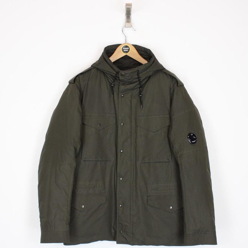 CP Company Khaki Green Micro-M Full Zip Lens Hooded Down Jacket