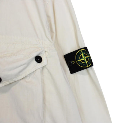 Stone Island cream full zip overshirt jacket with logo patch and cotton material.