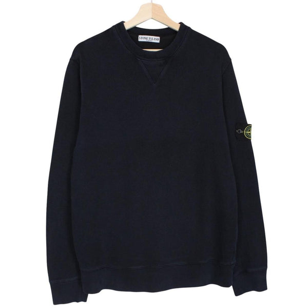 Stone Island navy blue cotton sweatshirt with logo patch and ribbed cuffs.