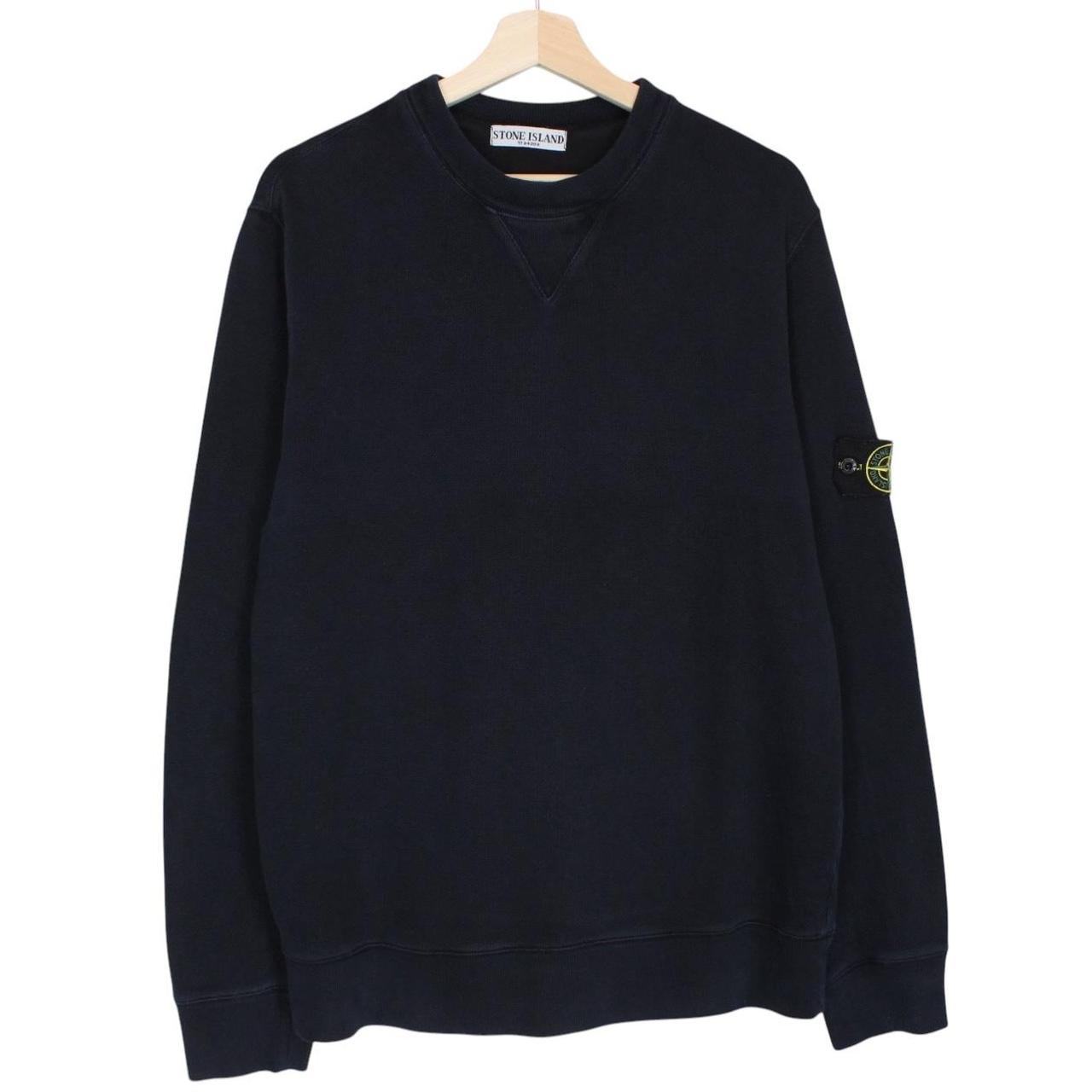 Stone Island navy blue cotton sweatshirt with logo patch and ribbed cuffs.
