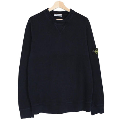 Stone Island navy blue cotton sweatshirt with logo patch and ribbed cuffs.