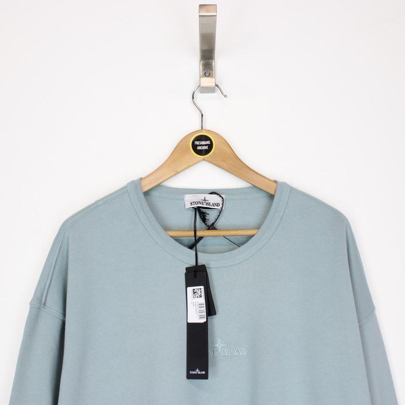 Stone Island SS 2023 Light Blue Logo Embroidered Cotton Sweatshirt Jumper