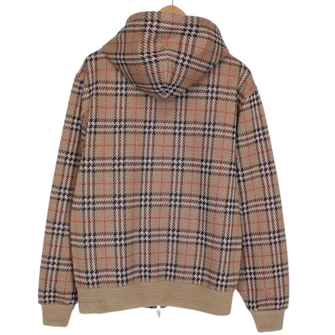 Burberry brown hoodie with Nova Check pattern and full zip, cotton blend material.