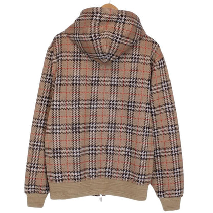 Burberry brown hoodie with Nova Check pattern and full zip, cotton blend material.