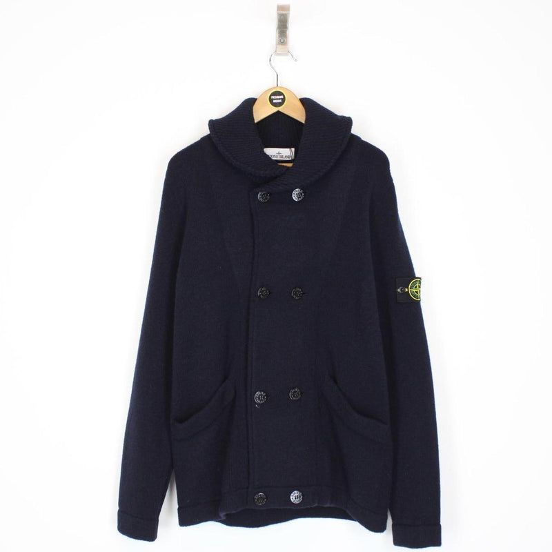 Stone Island AW 2022 Navy Blue Heavy Wool Knit Double Breasted Cardigan Jumper