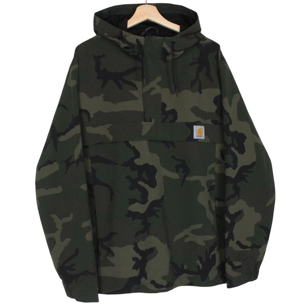 Carhartt camouflage hooded pullover jacket with logo and durable material.