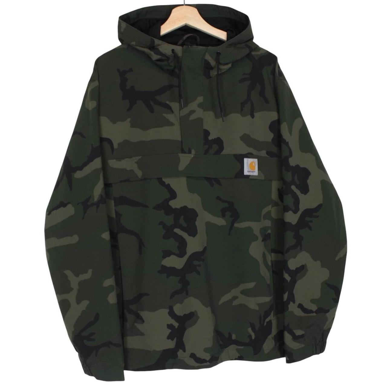 Carhartt camouflage hooded pullover jacket with logo and durable material.