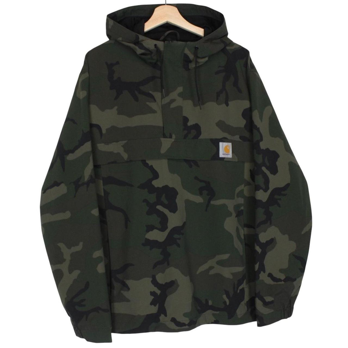Carhartt camouflage hooded pullover jacket with logo and durable material.