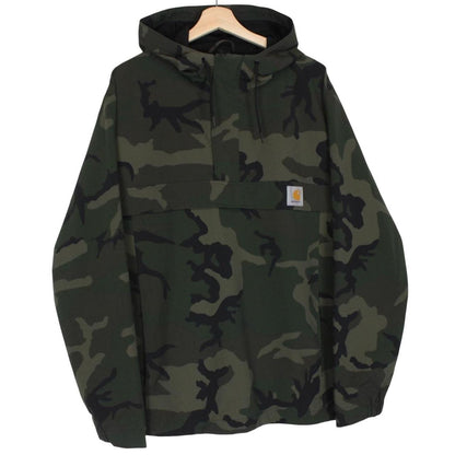 Carhartt camouflage hooded pullover jacket with logo and durable material.