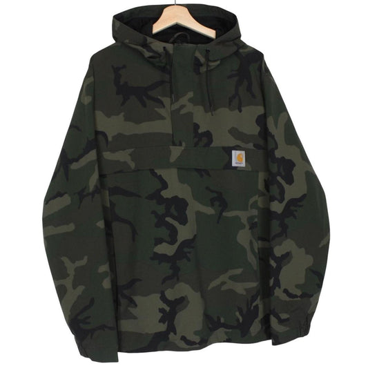 Carhartt camouflage hooded pullover jacket with logo and durable material.
