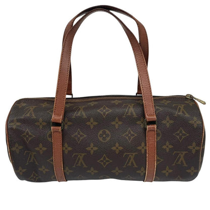 Louis Vuitton duffel bag brown and tan monogram canvas with logo pattern and wear.
