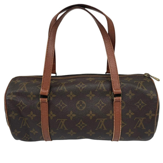 Louis Vuitton duffel bag brown and tan monogram canvas with logo pattern and wear.