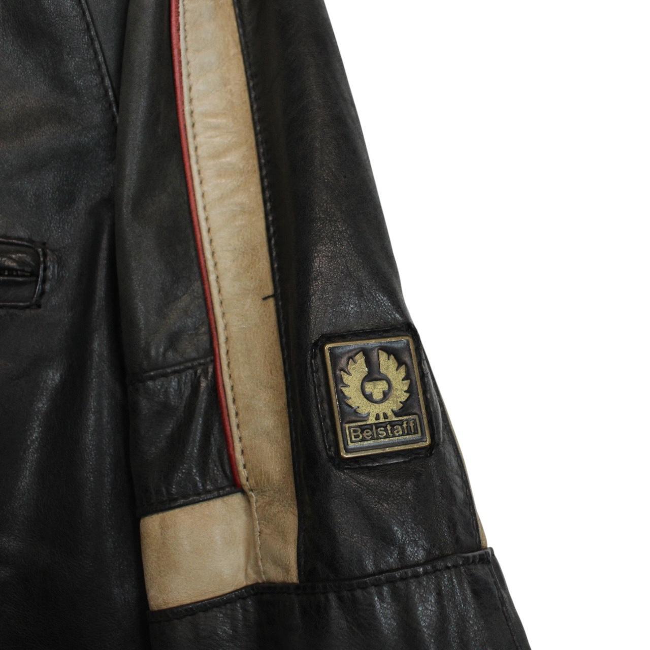 Belstaff beige and black leather jacket with vintage logo and cream detailing.
