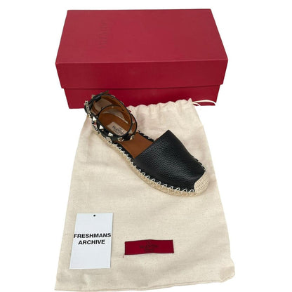 Valentino Garavani Rockstud Black and Brown Leather Espadrille Flat