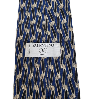 Vintage Valentino Navy Blue Geometric Pattern Silk Tie