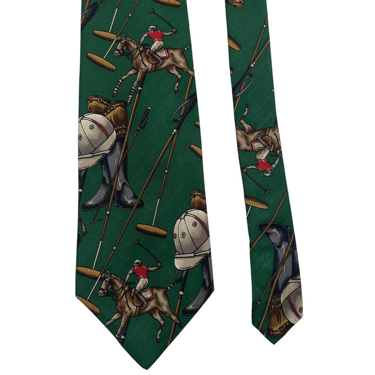 Polo Ralph Lauren green silk tie with equestrian print and logo detail.