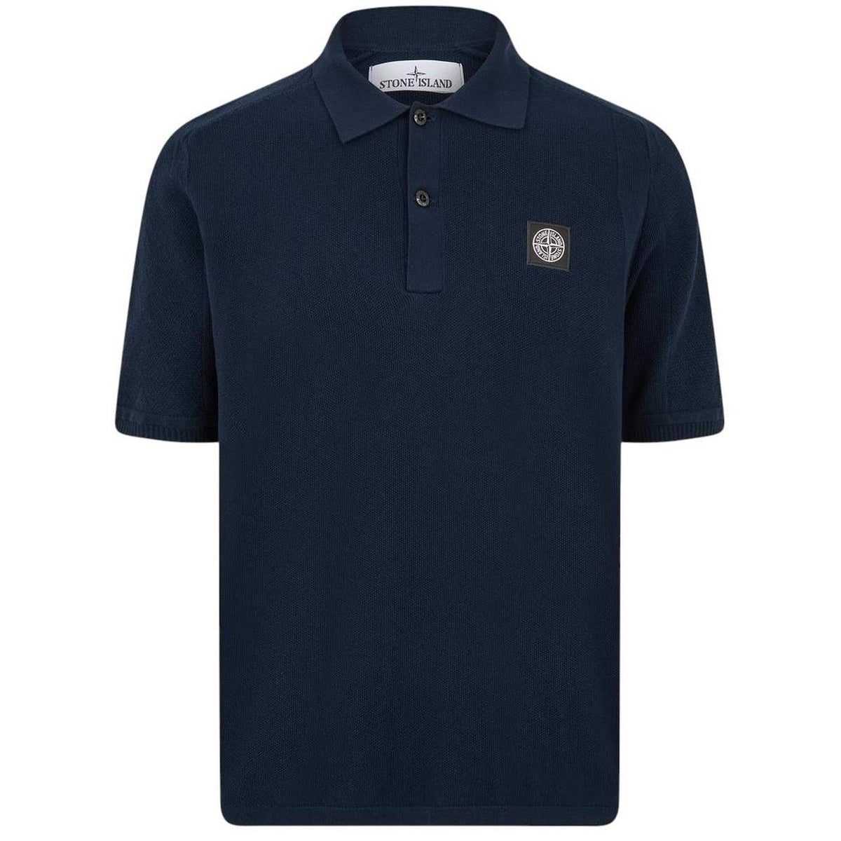 Stone Island navy blue polo shirt with Compass patch and three-button placket.