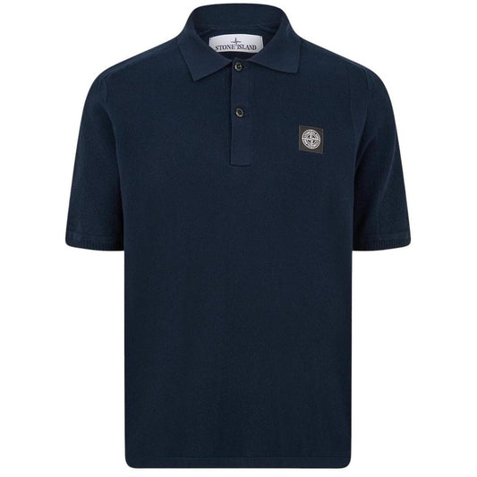 Stone Island navy blue polo shirt with Compass patch and three-button placket.