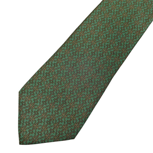 Hermes green silk tie with subtle sheen and logo detailing.