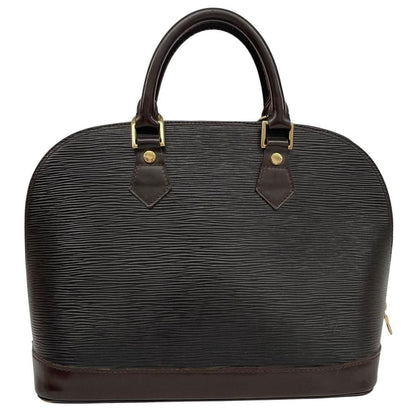 Louis Vuitton black Epi leather duffel bag with iconic logo and structured design.
