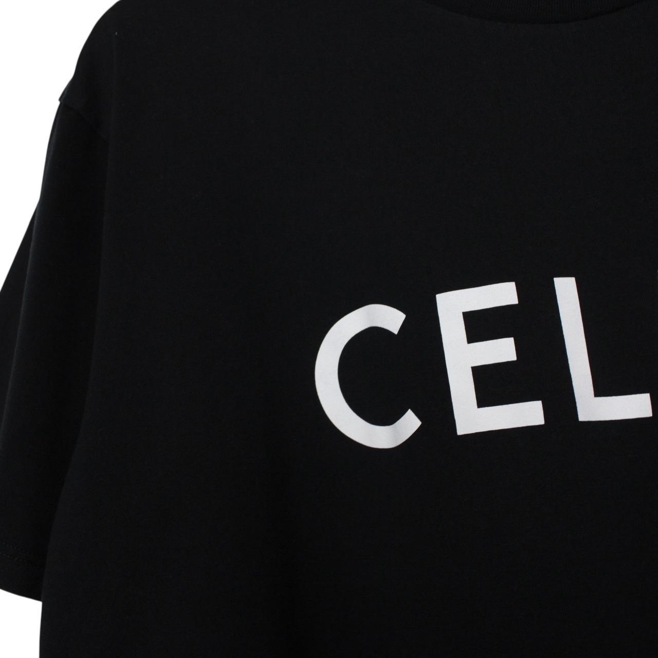 Celine Black and White Logo Print Short Sleeve Cotton T-Shirt