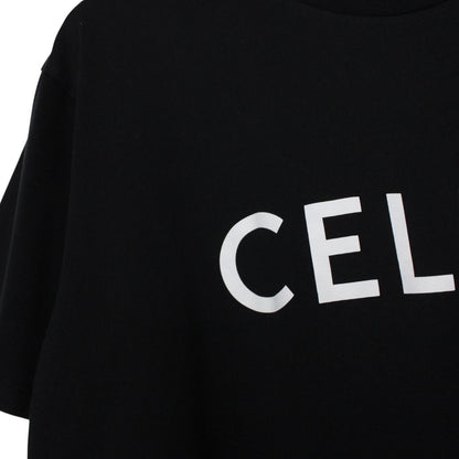 Celine Black and White Logo Print Short Sleeve Cotton T-Shirt