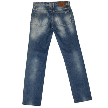 Dolce & Gabbana blue straight jeans mid wash with logo patch and slim fit design.